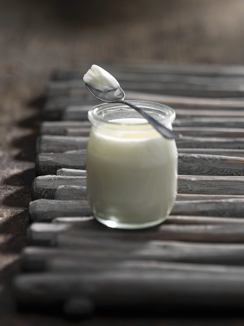 Naturjoghurt im Glas mit einem Löffel