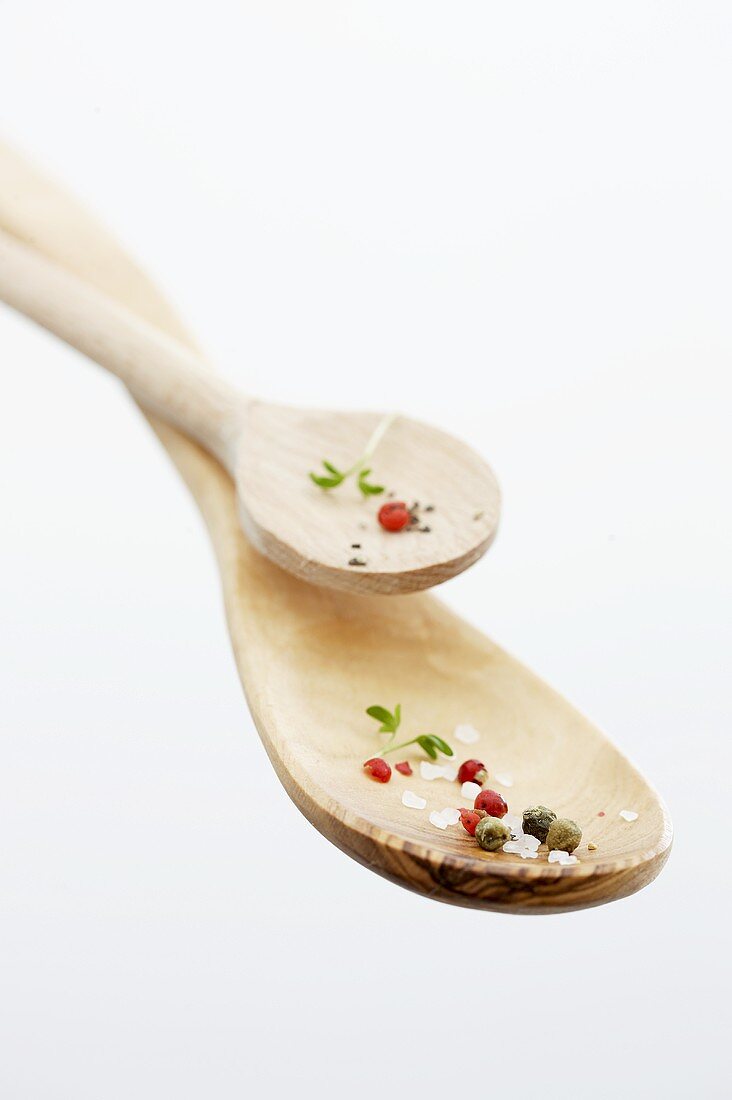Two wooden spoons with spices