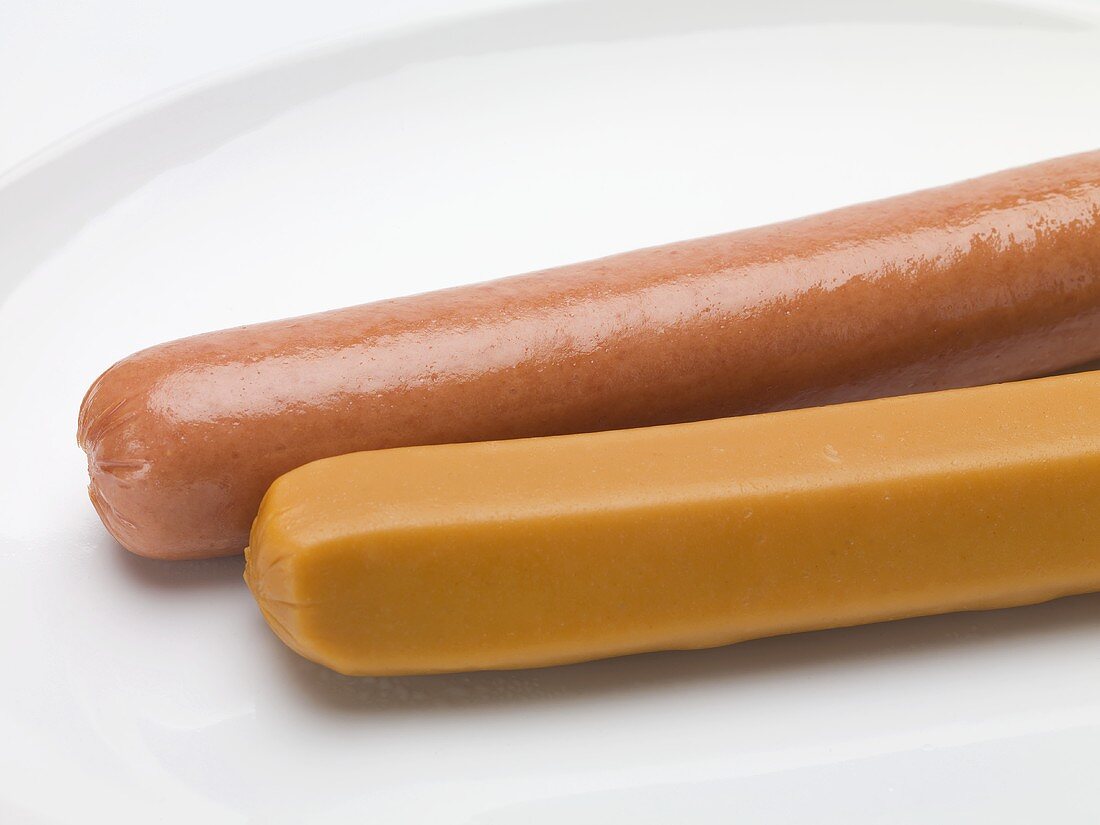 Two typical hot dog sausages (close-up)