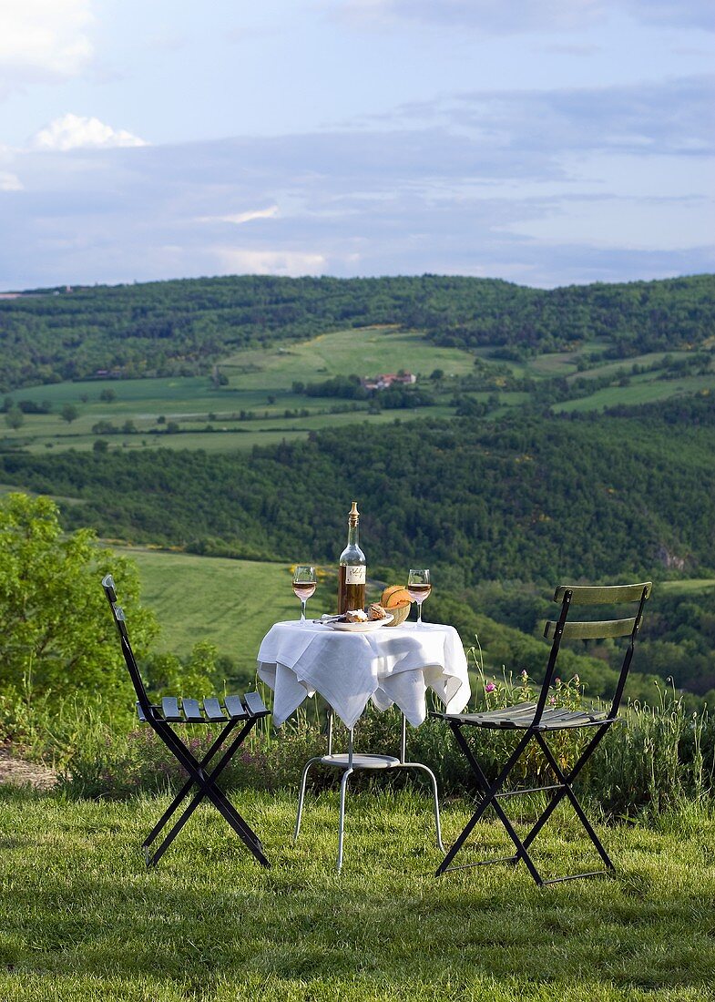 Laid table with wine in a hilly landscape