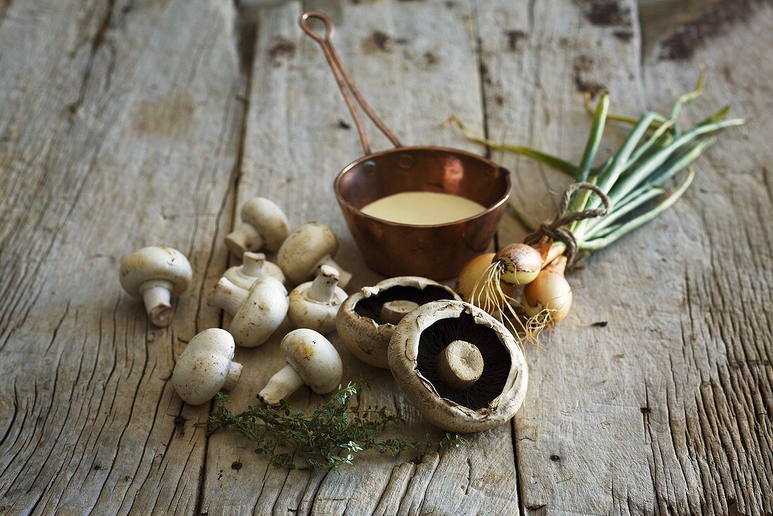 Mushrooms, onions and herbs