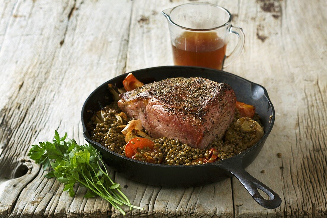 Roast beef with lentils