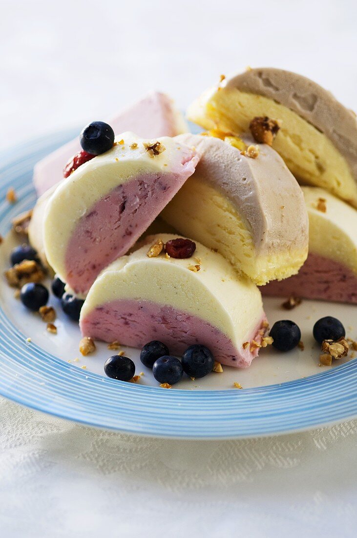 Ice cream dessert with blueberries and nuts