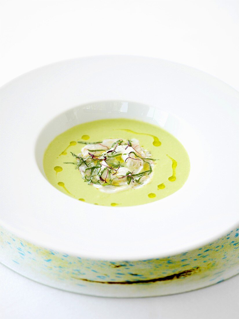 Cold avocado soup with shrimps