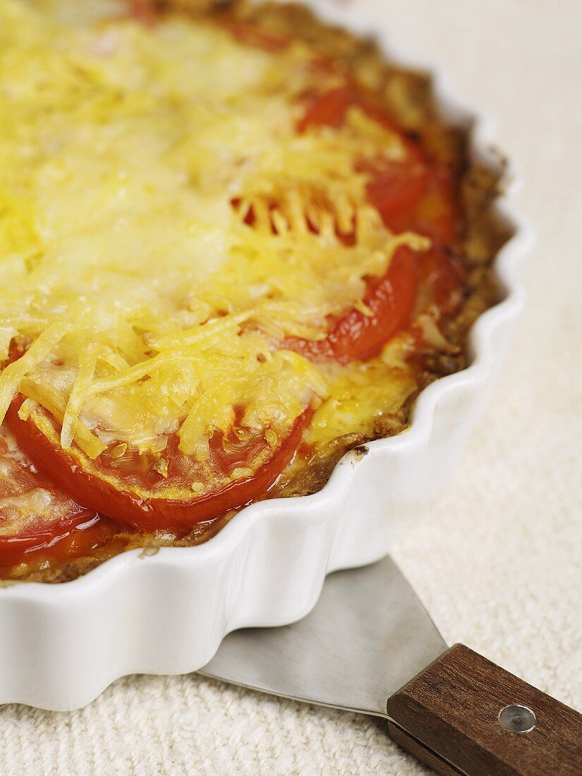 Tomato and cheese quiche in the baking dish