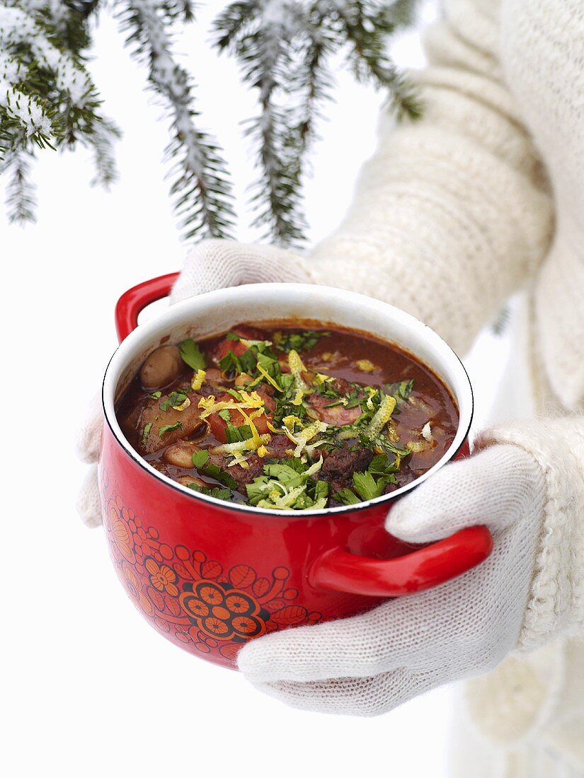 Hände halten Topf mit Cassoulet