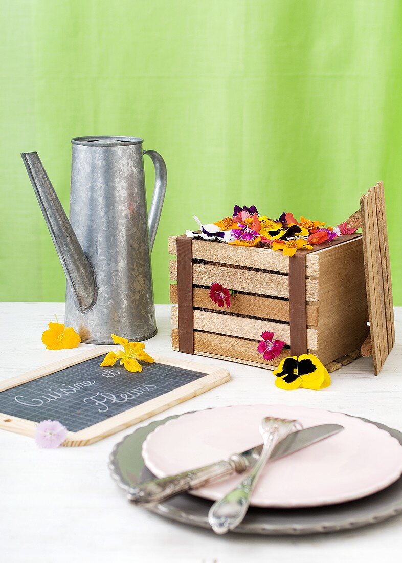 Cooking with flowers: place setting, slate, edible flowers