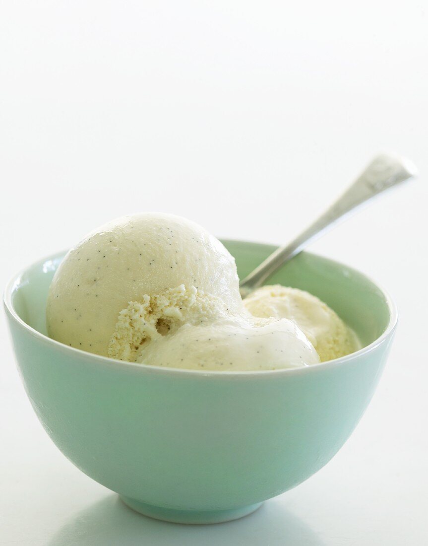 Vanilla ice cream in pale blue bowl
