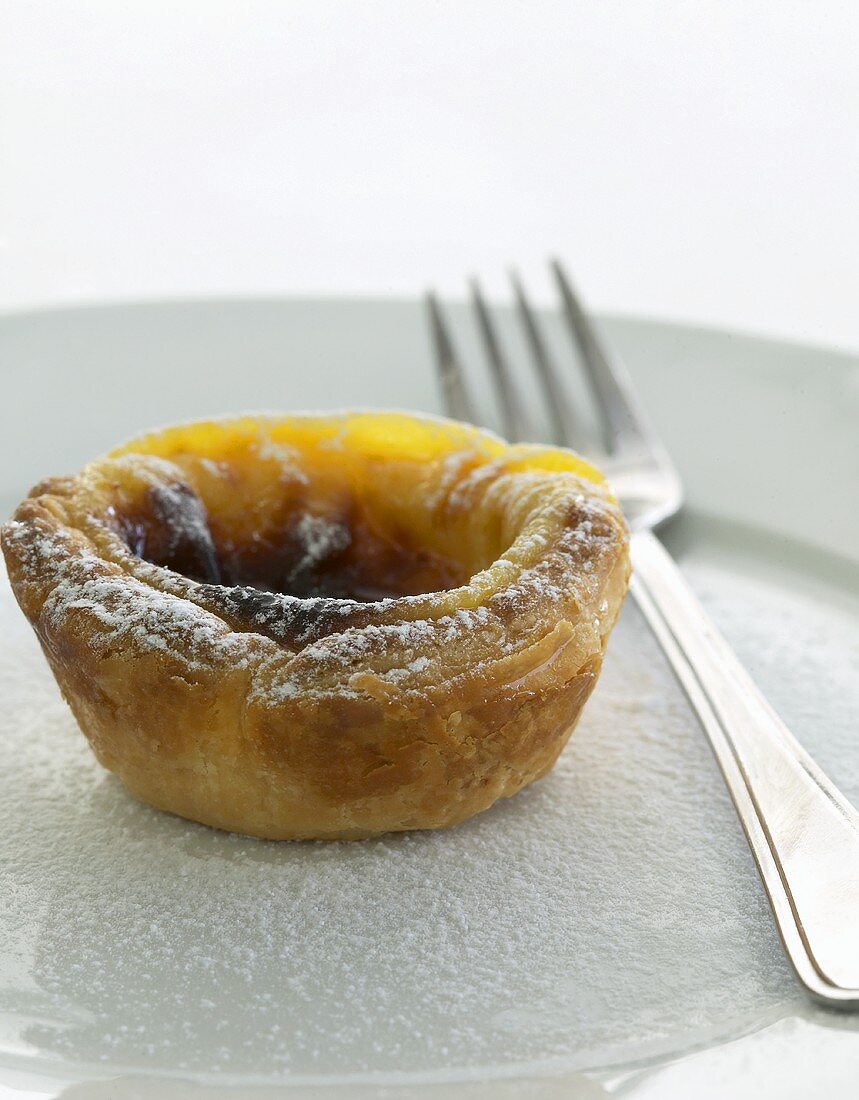 Custard tart with icing sugar on plate with fork