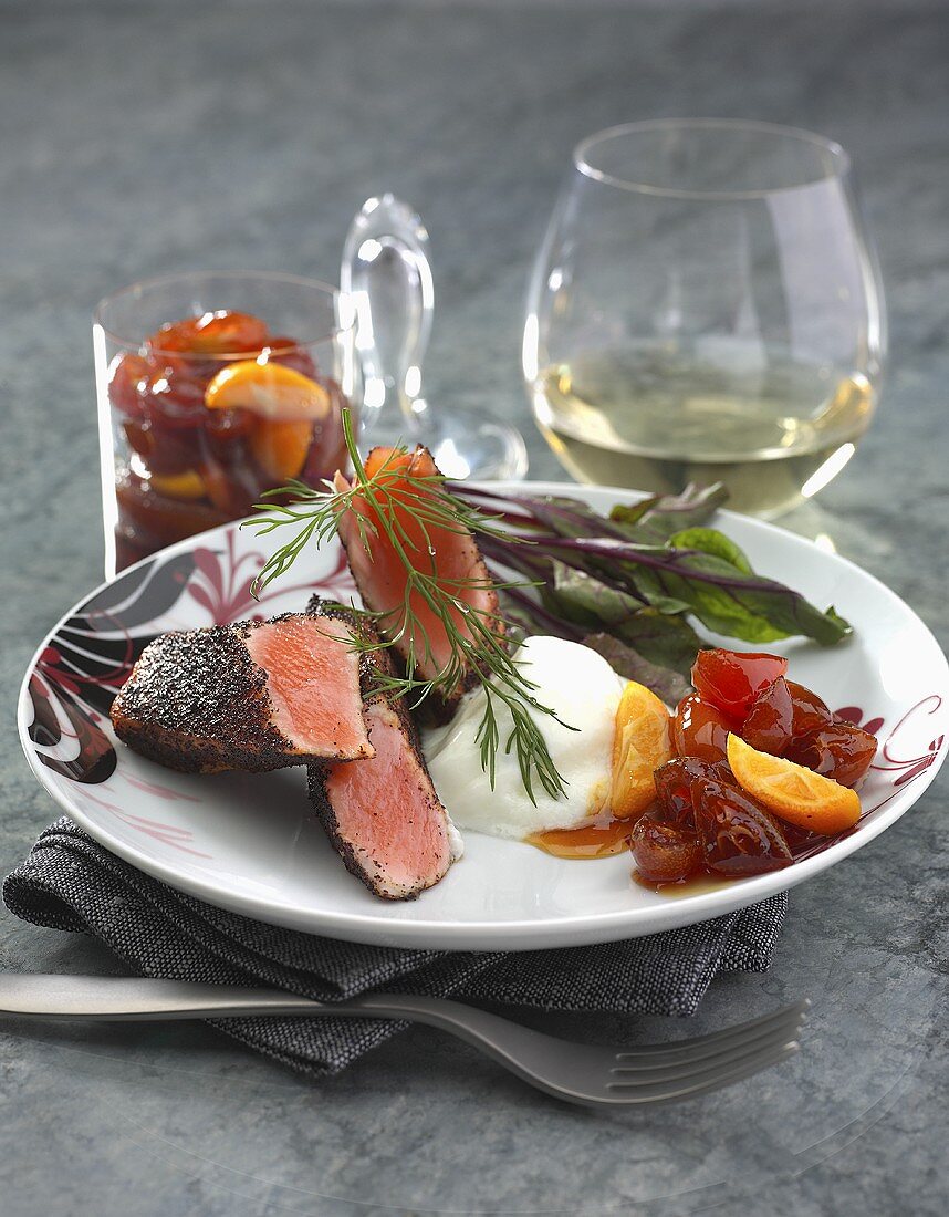 Seared charr fillet with candied fruit