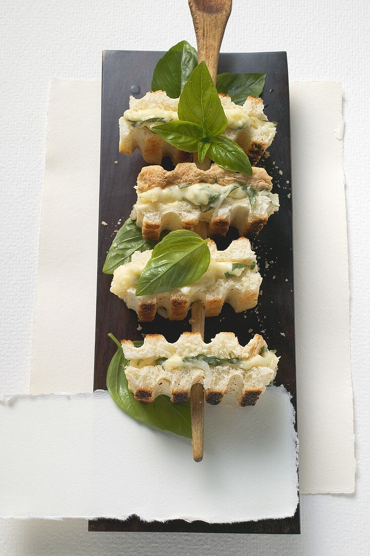 Skewered obatzda italiano sandwiches (Camembert spread)