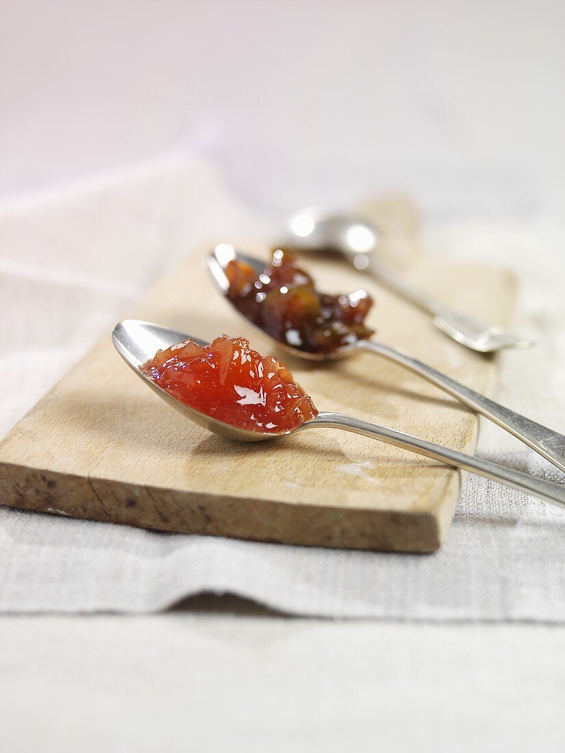 Rhubarb & ginger jam and fig jam on spoons