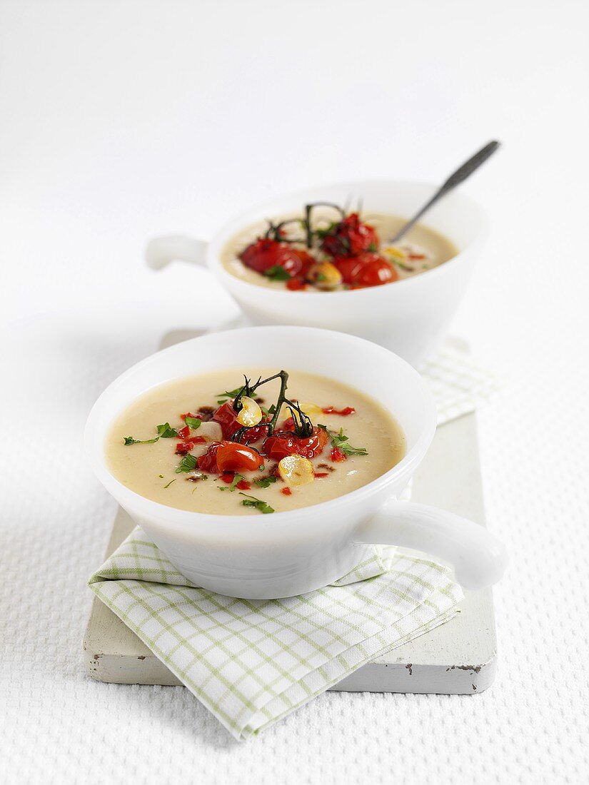 Cream of bean soup with cocktail tomatoes