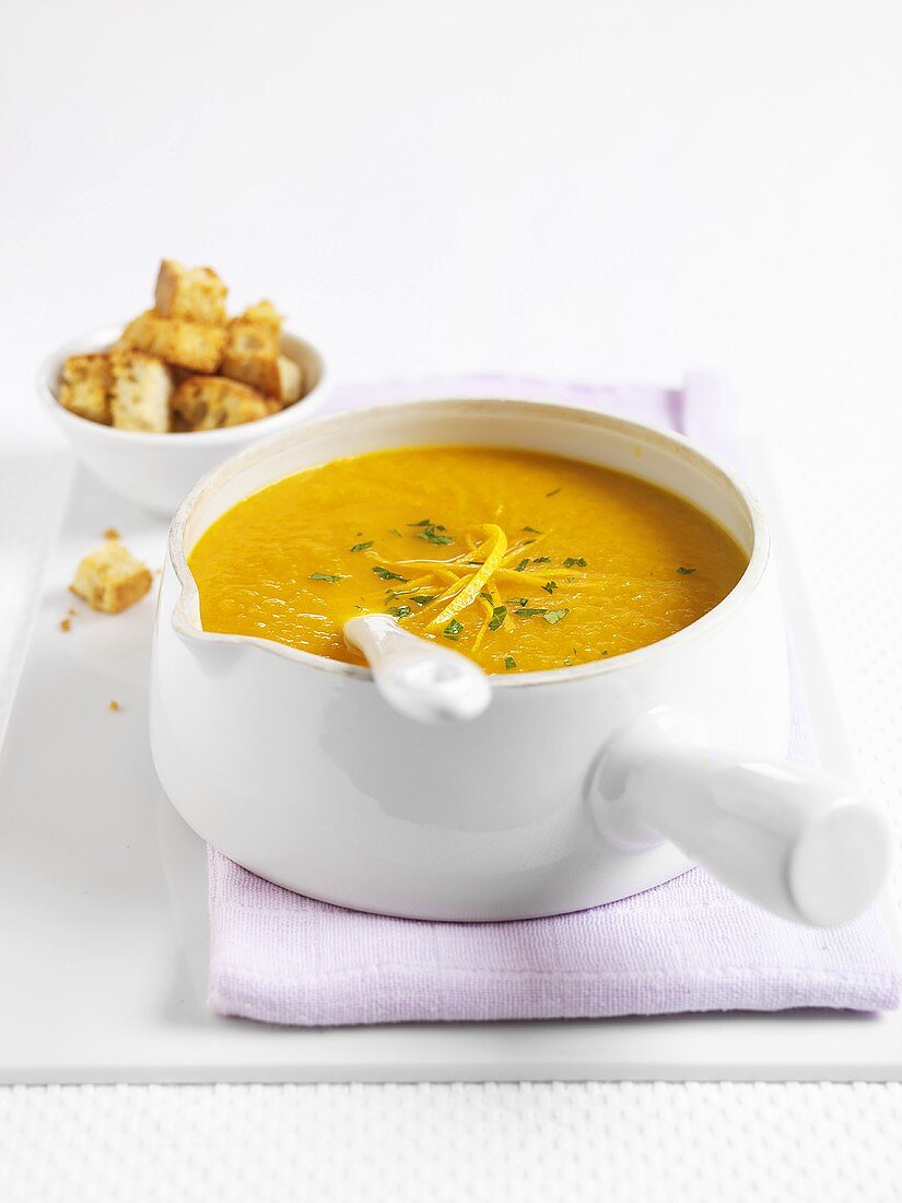 Carrot soup with orange and croutons