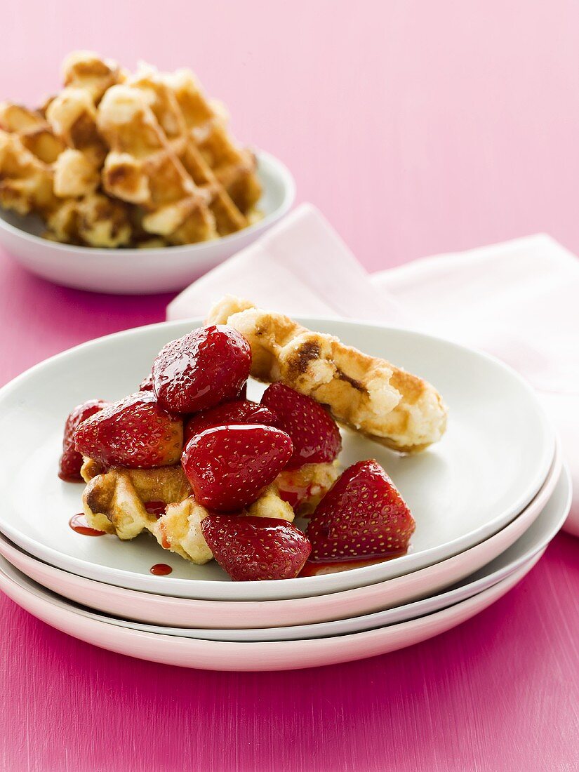 Waffles with glazed strawberries