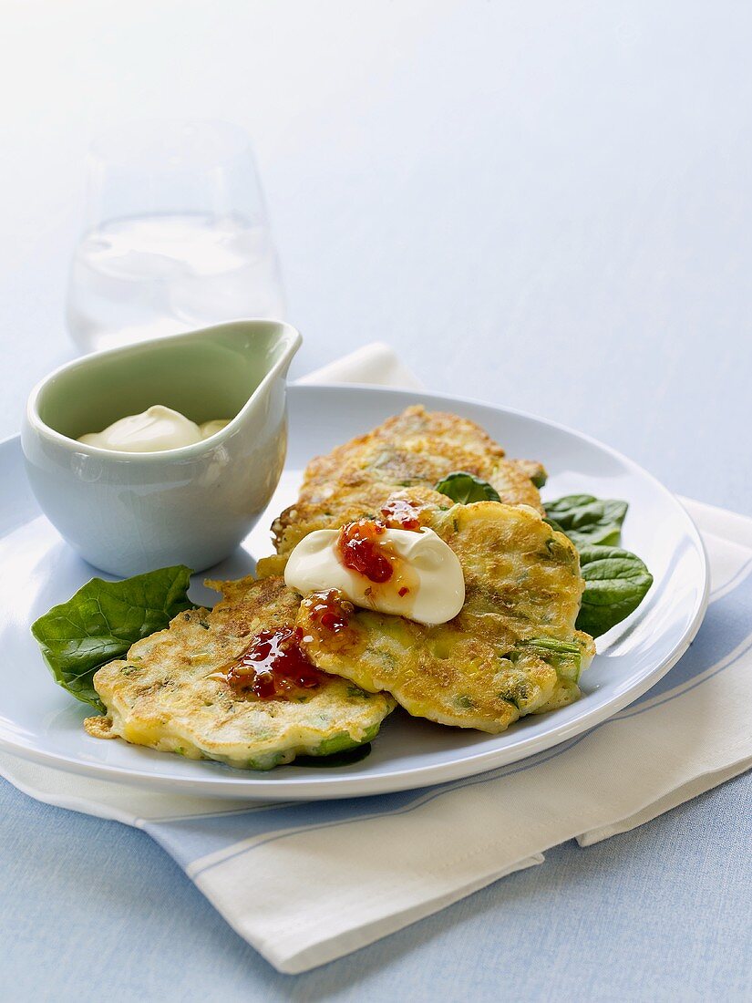 Asparagus and sweetcorn pancakes with sour cream