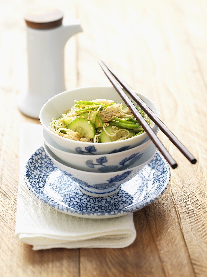 Salad of soba noodles and cucumber with sesame seeds