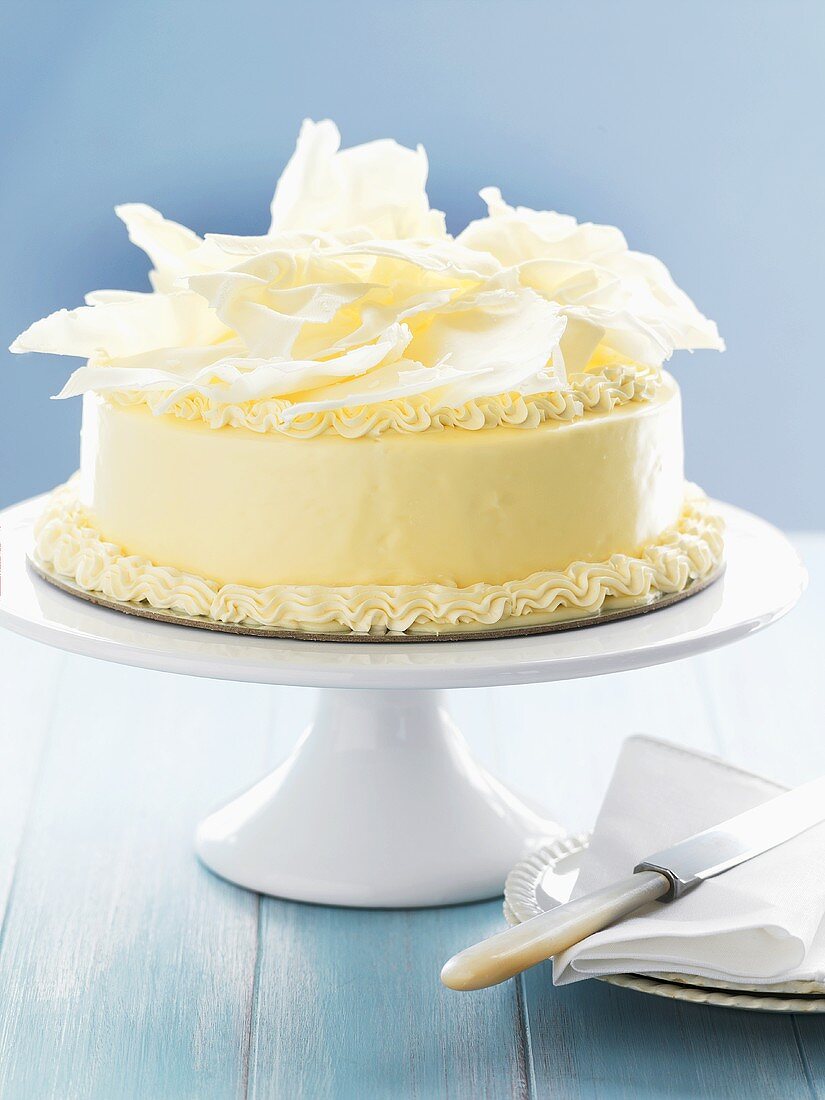 White chocolate cake for special occasion on cake stand