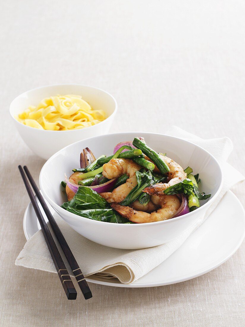 Stir-fried garlic prawns with choy sum (Chinese flowering cabbage)