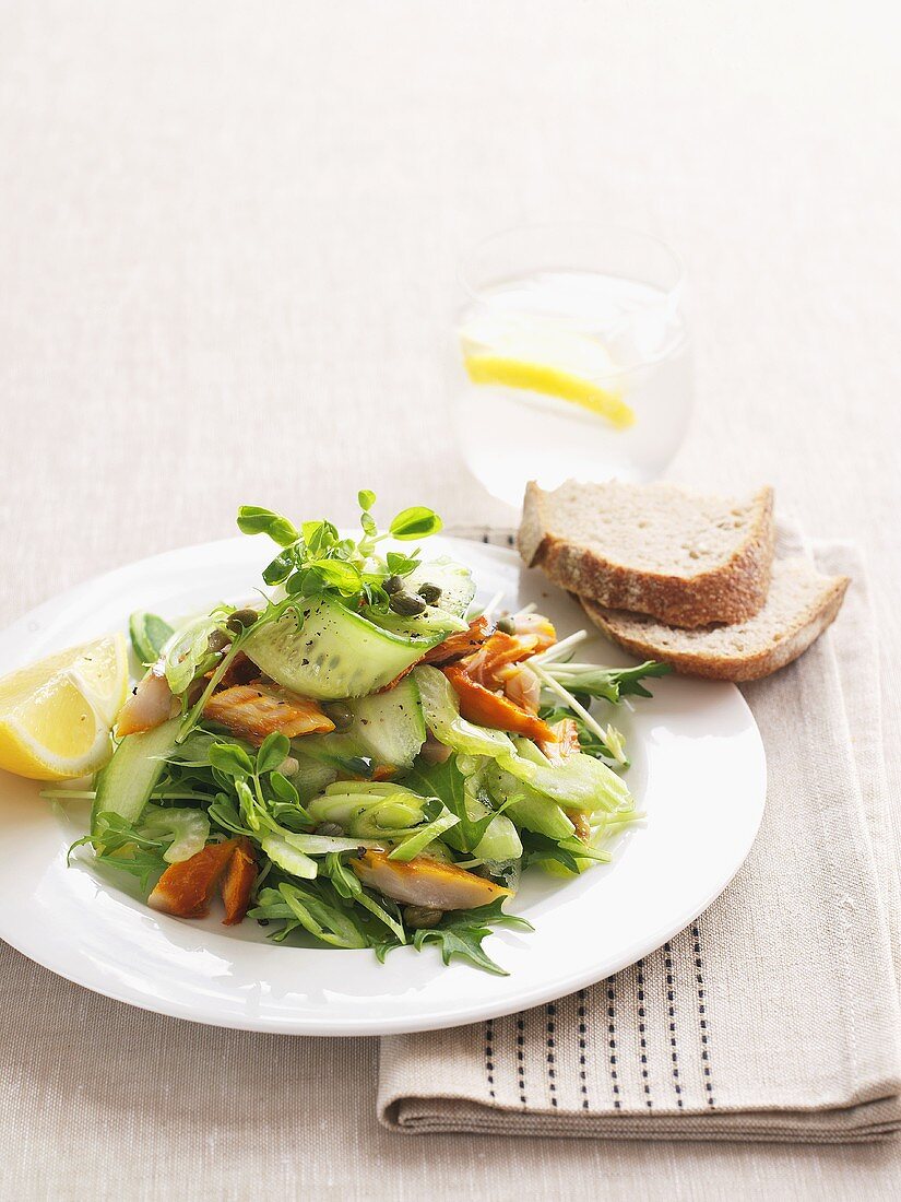 Gurkensalat mit Zuckerschoten und geräuchertem Fisch