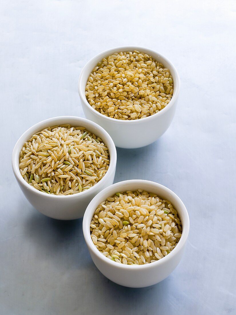 Brown rice (long-grain and short-grain) in small bowls
