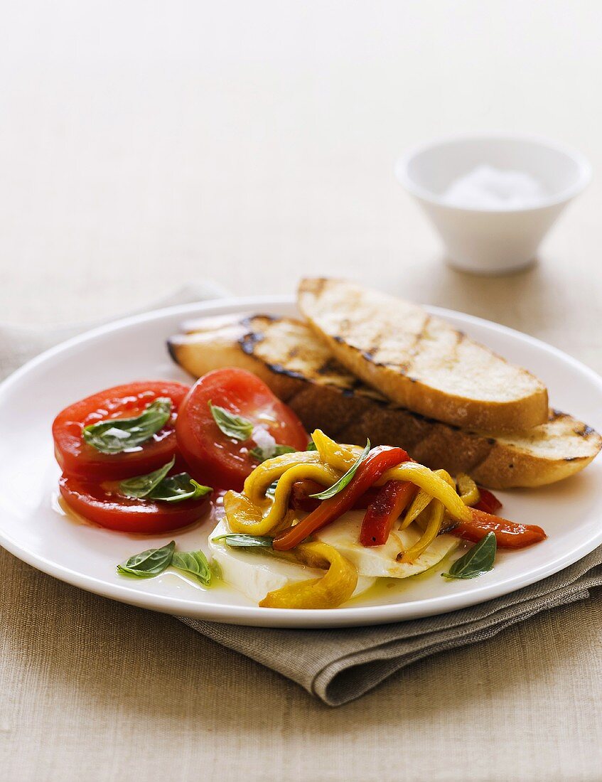 Pepper and tomato salad with mozzarella and toast