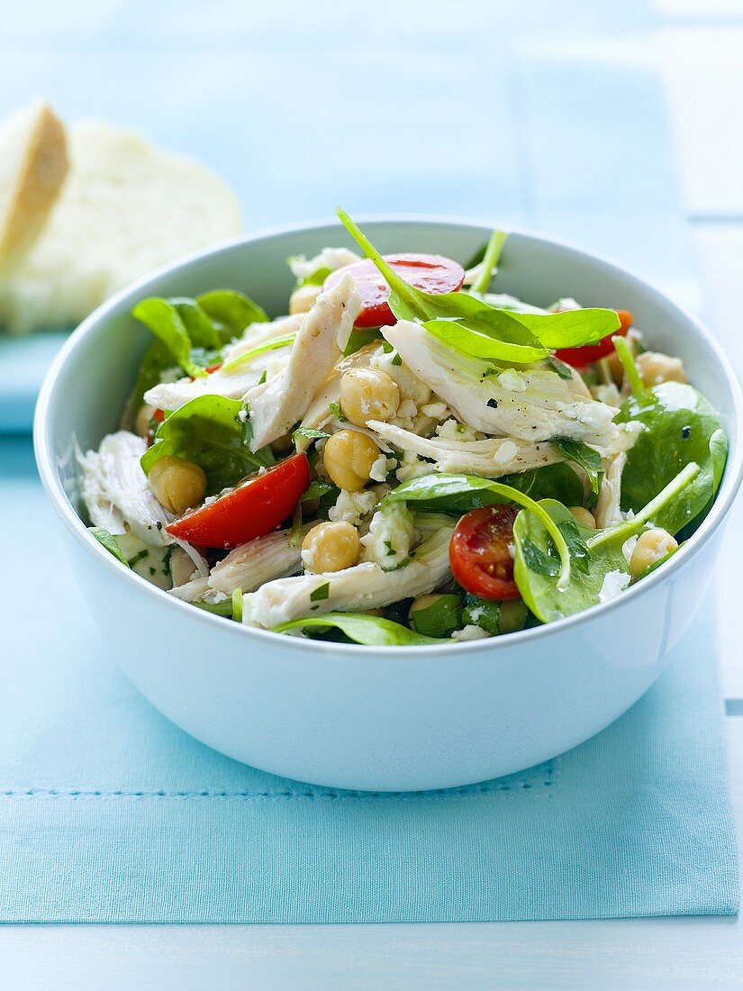 Chicken, chick-pea and baby spinach salad