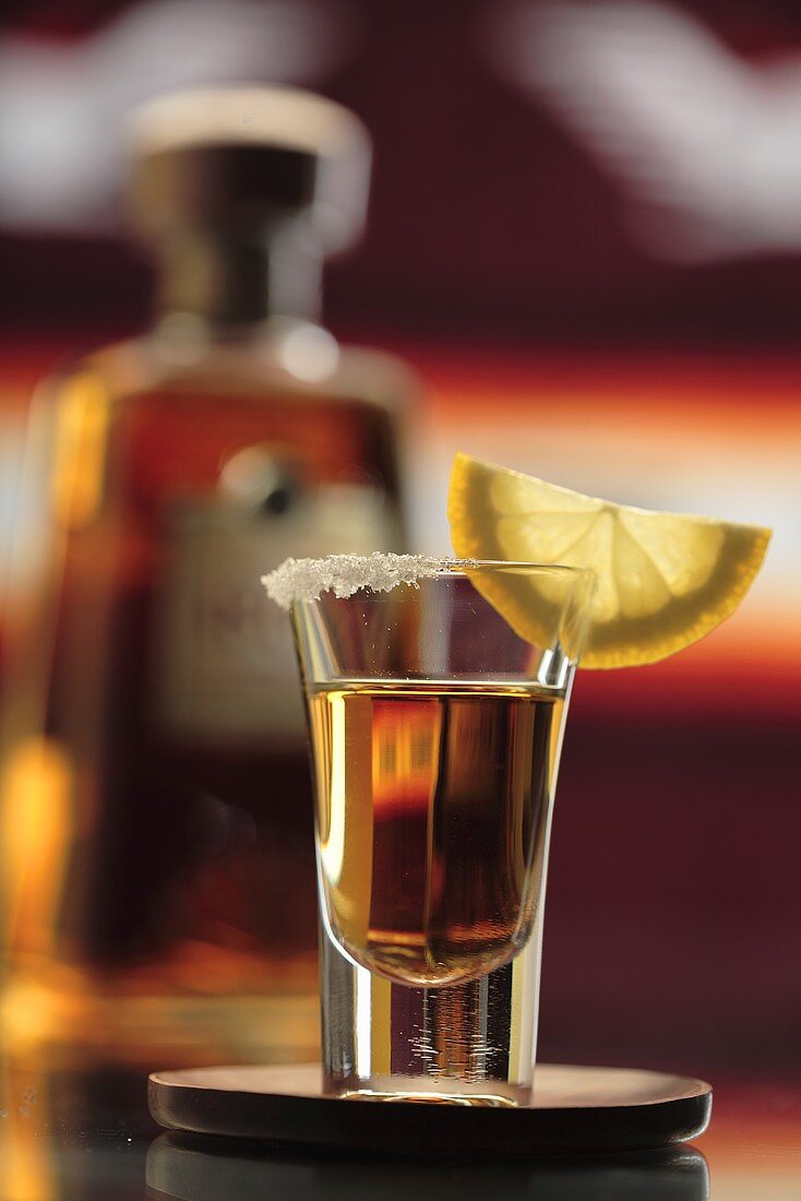 Glas Tequila mit Zitronenschnitz, Flasche im Hintergrund