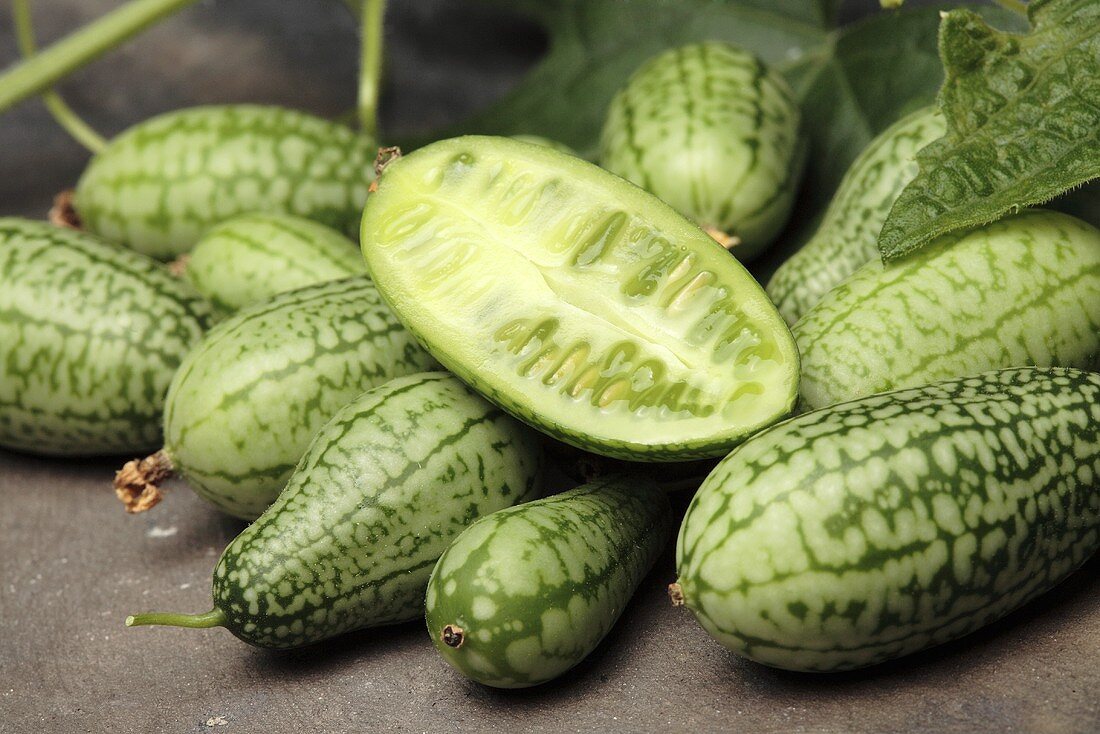 Mexican sour gherkins, whole and halved
