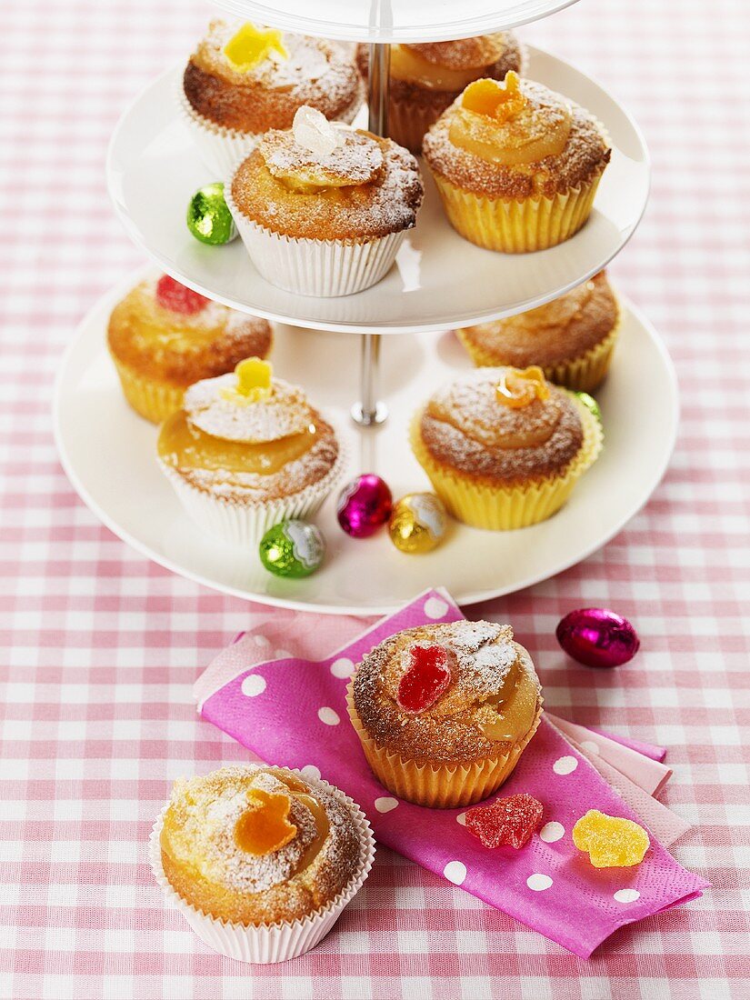 Lemon muffins on tiered stand (Easter)