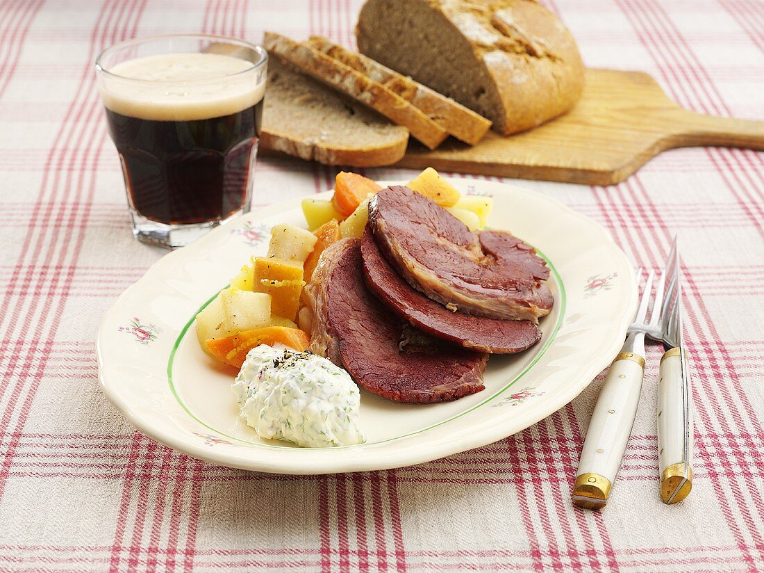 Ox meat with stewed root vegetables and herb crème fraîche