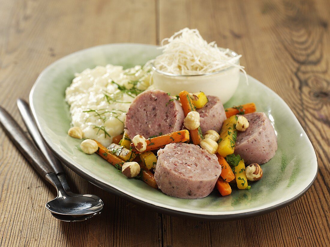 Sausage salad with parsnip puree and horseradish