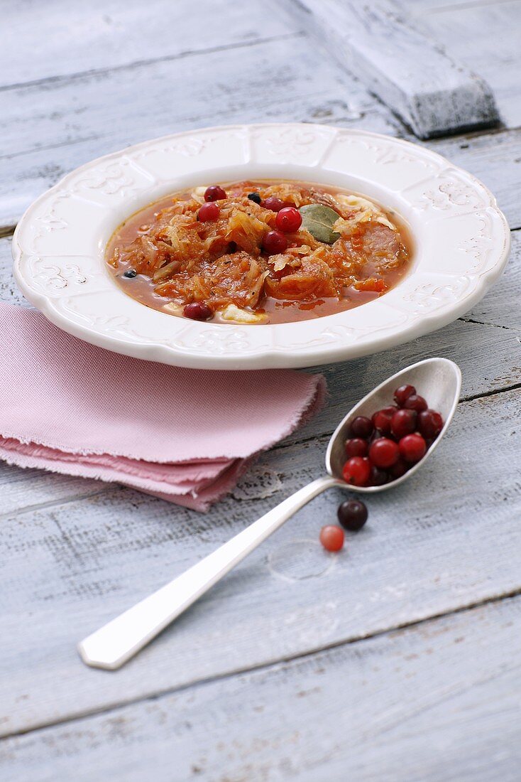 Tomato soup with sauerkraut and cranberries