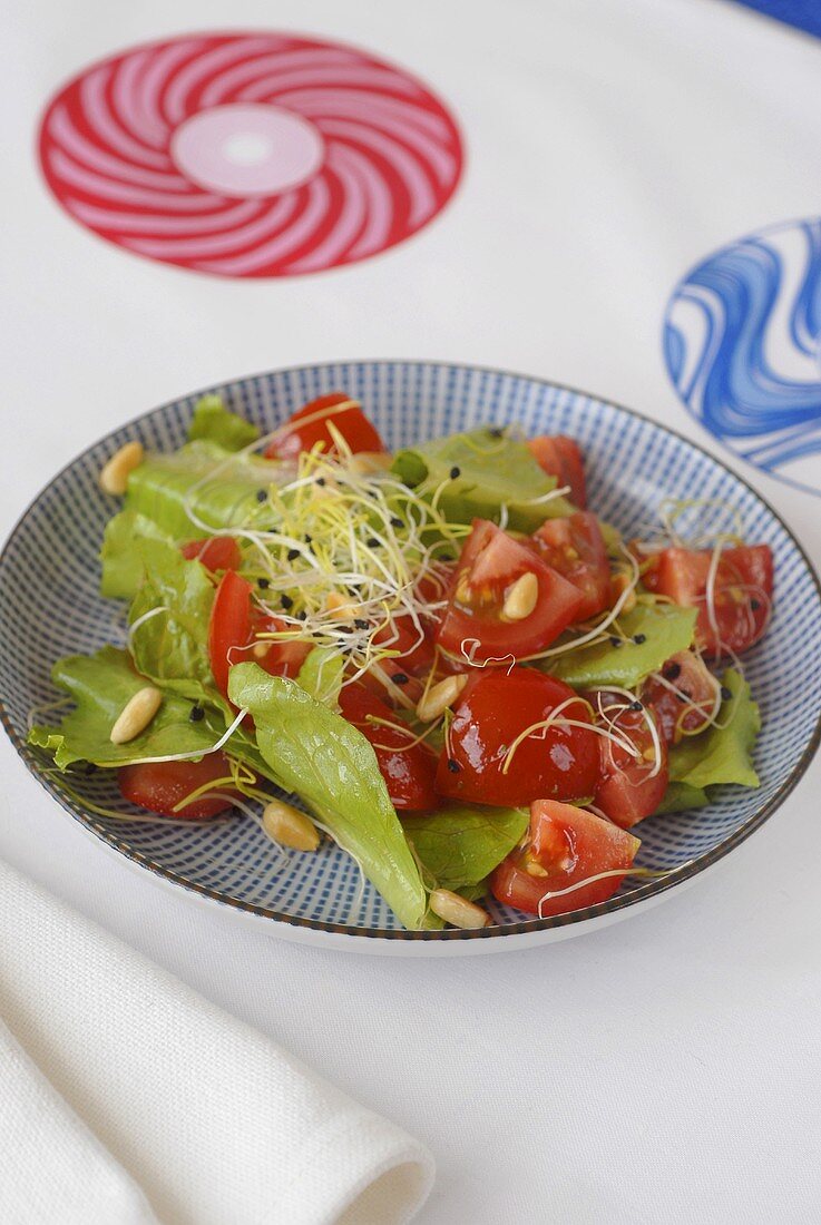 Kopfsalat mit Tomaten, Sprossen und Pinienkernen