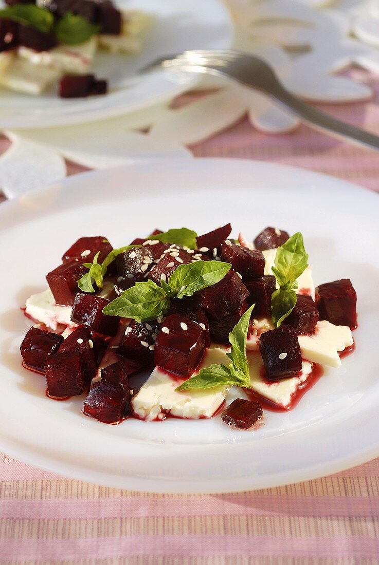 Beetroot salad with feta and sesame seeds