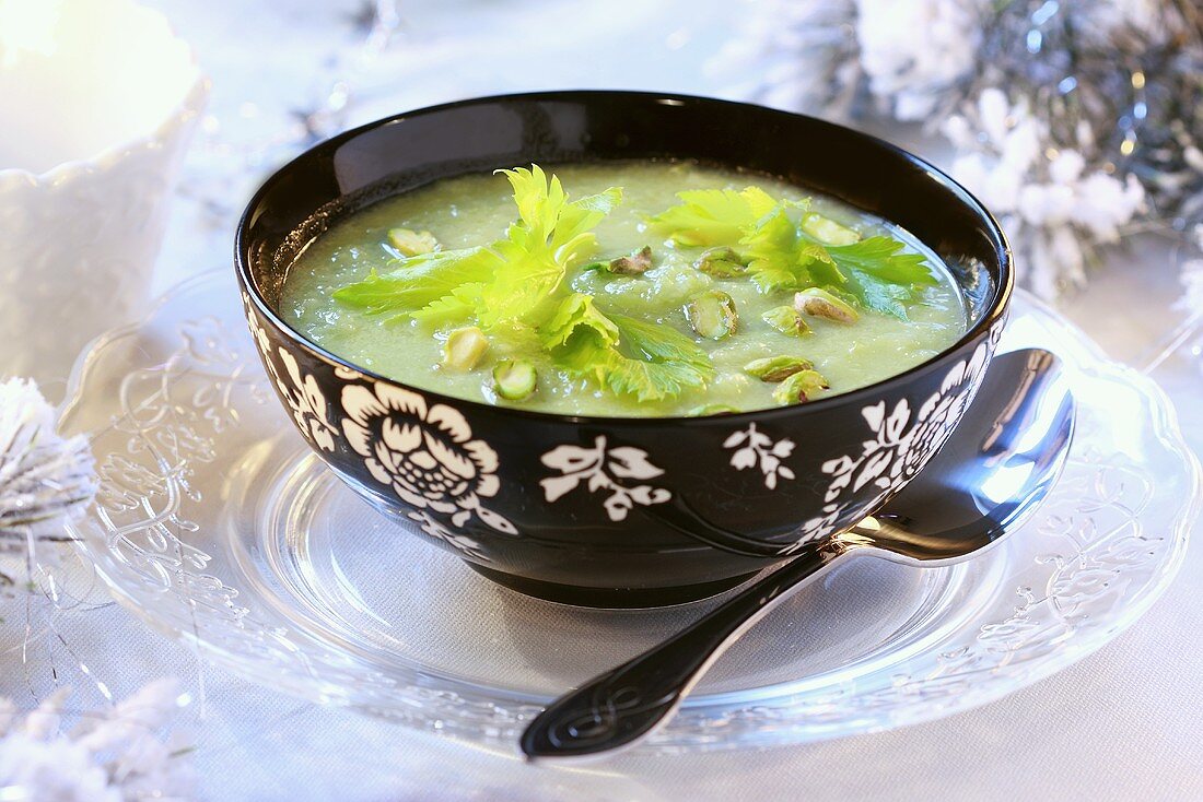 Cream of celery soup with pistachios