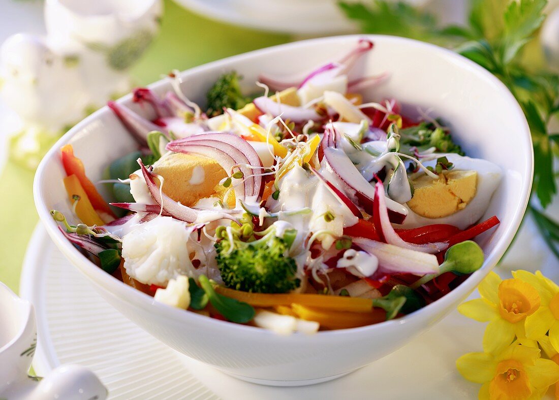 Vegetable salad with boiled egg