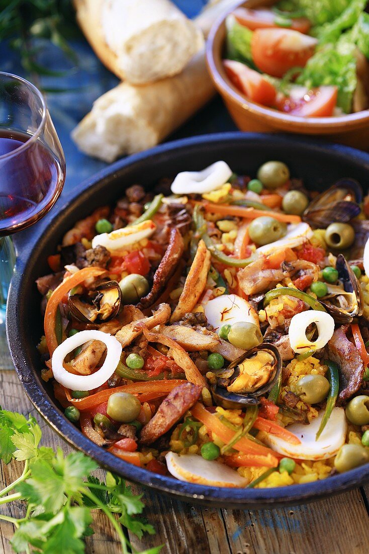 Paella with seafood and rabbit