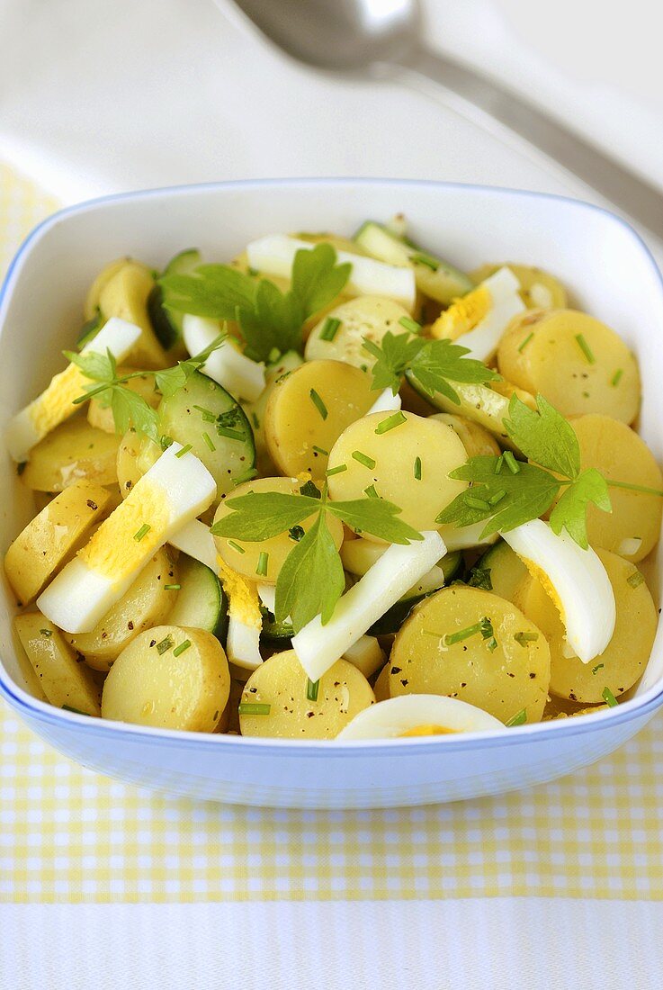 Kartoffelsalat mit Gurken, Ei und Petersilie