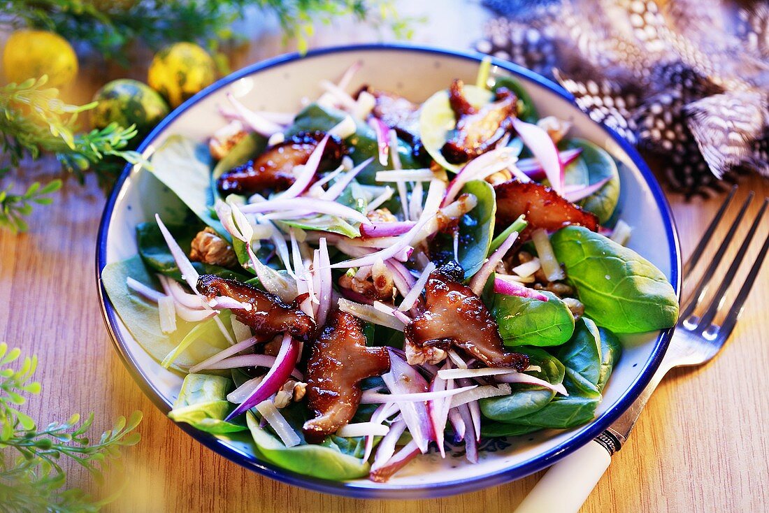 Spinach salad with shiitake mushrooms for Easter