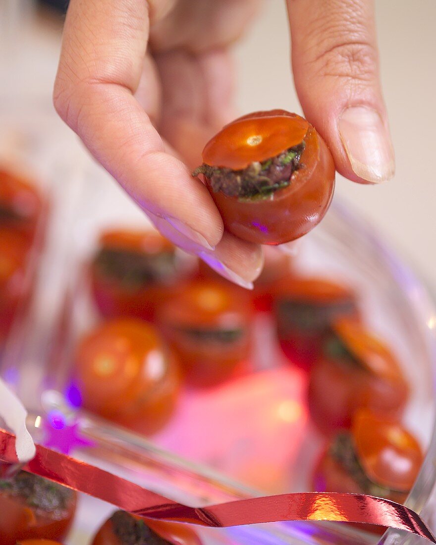 Cherry tomatoes stuffed with tapenade