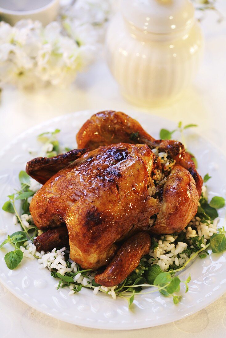 Roast chicken with rice and herb stuffing