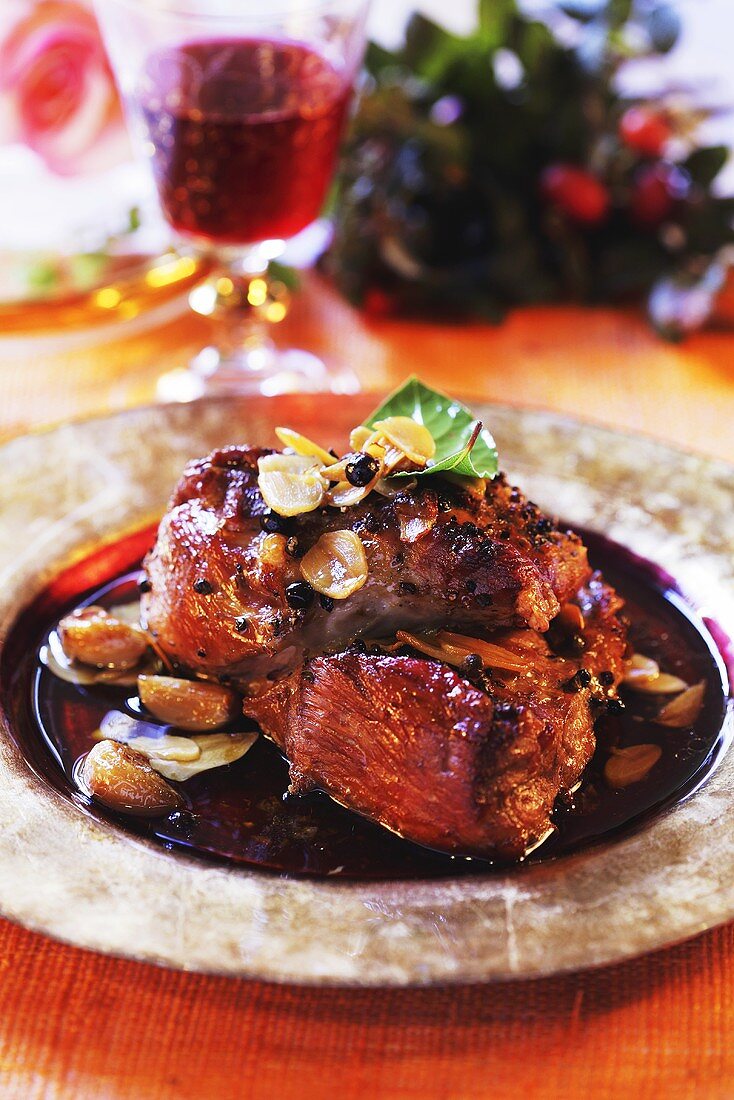 Roast veal in dark red wine sauce