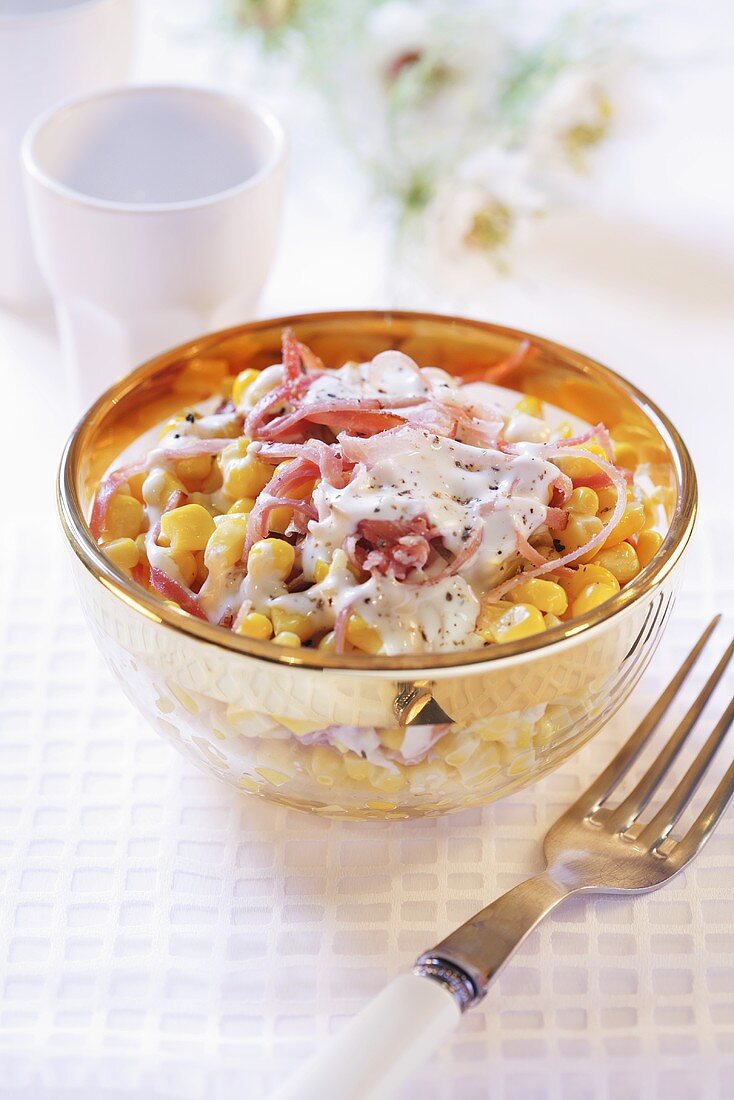 Sweetcorn salad with strips of ham