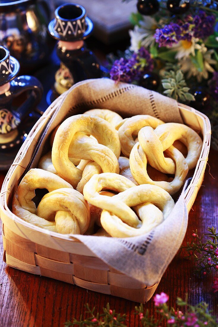 Jewish pretzels in bread basket