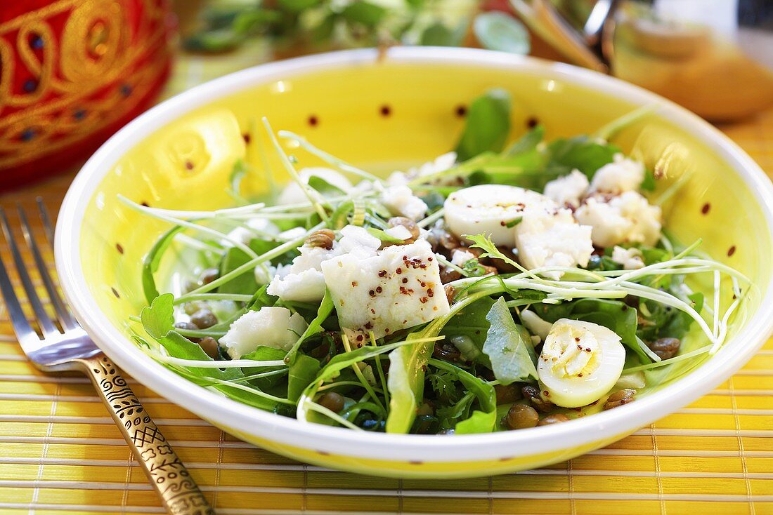 Salad leaves with lentils and goat's cheese