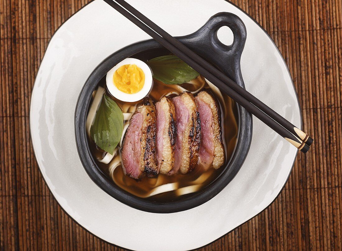 Duck, soba noodles and egg in broth (Asia)