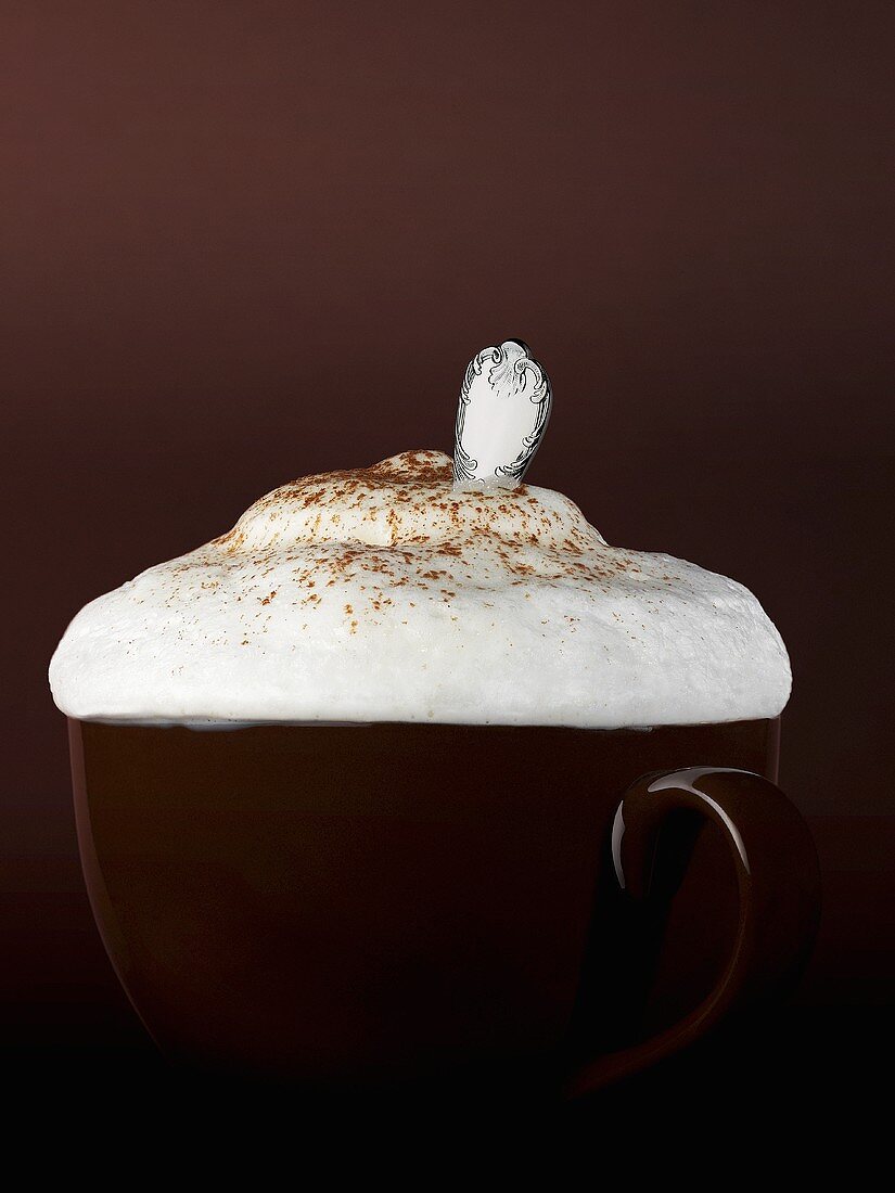 Tasse Cappuccino mit Milchschaum und Löffel
