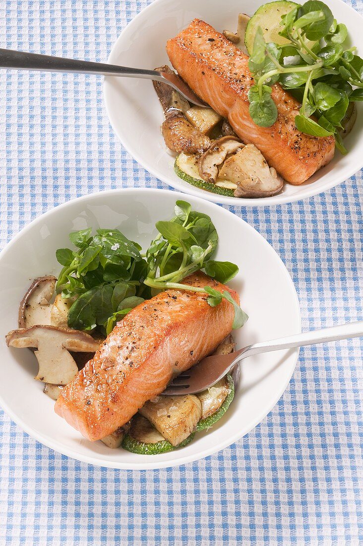 Fried salmon with ceps and courgettes