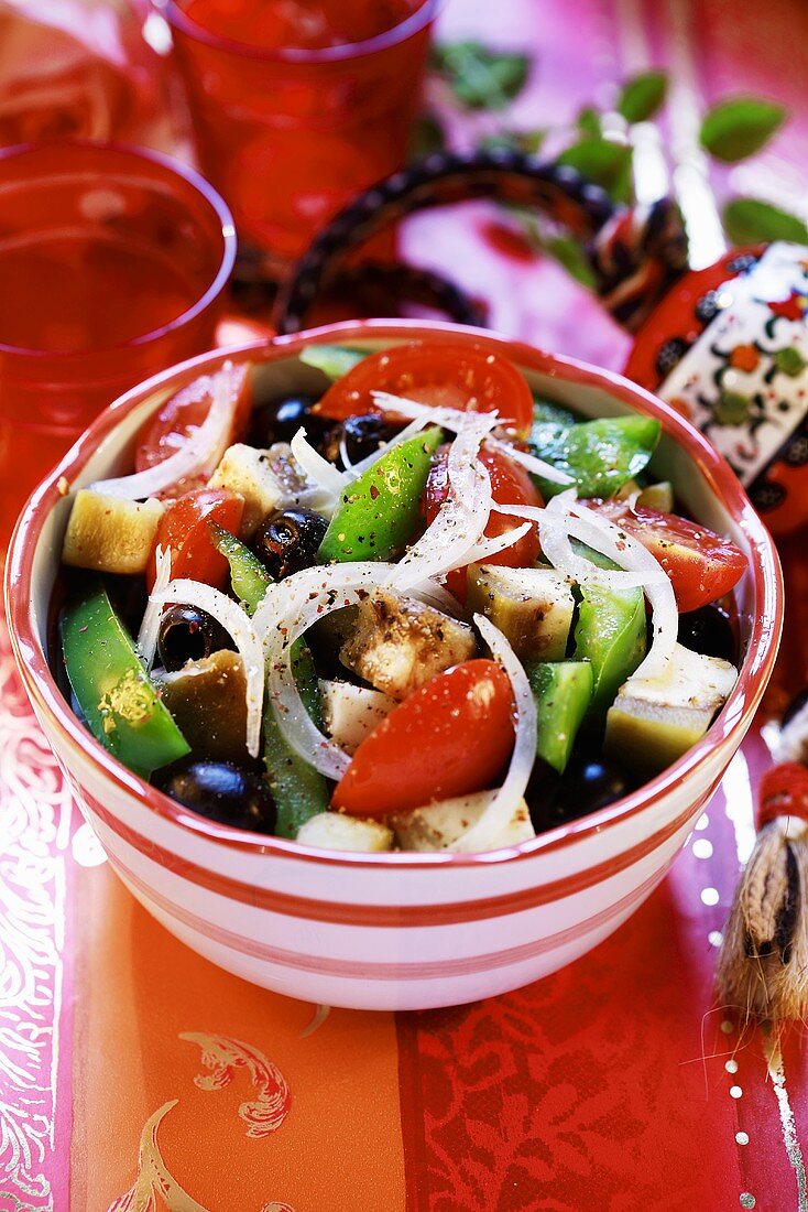 Salad of aubergines, peppers and olives